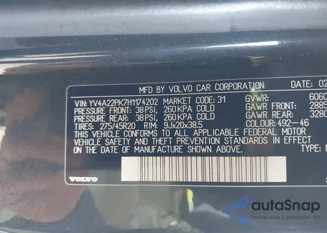 2017 Volvo Xc90 T6 Momentum z USA, uszkodzony, nr VIN YV4A22PK7H1174202